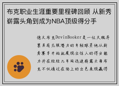 布克职业生涯重要里程碑回顾 从新秀崭露头角到成为NBA顶级得分手 布克职业生涯重要里程碑回顾 从新秀崭露头角到成为NBA顶级得分手