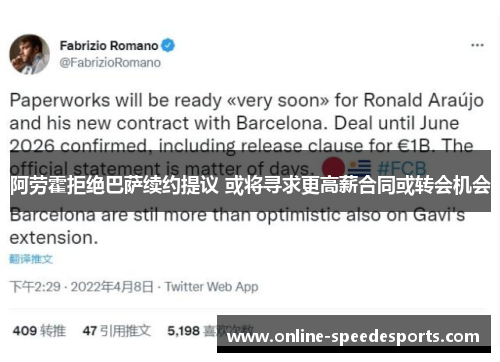 阿劳霍拒绝巴萨续约提议 或将寻求更高薪合同或转会机会